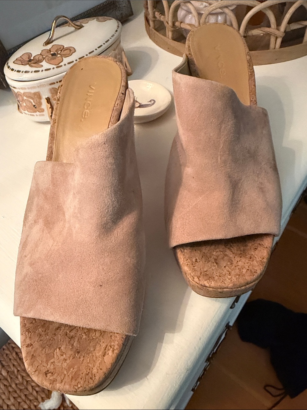 Vince Light Beige Suede Cork Wedge Slide Mules